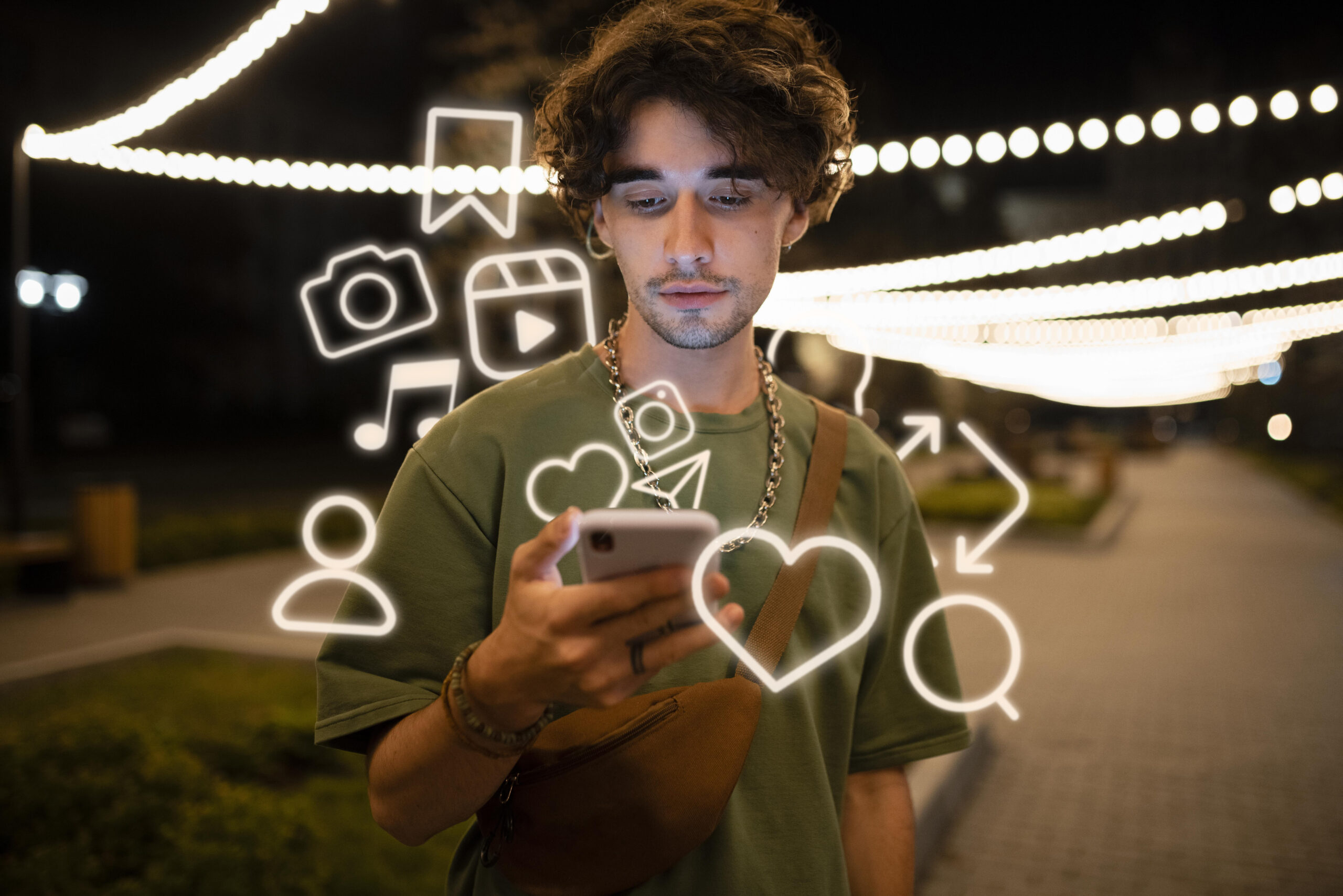Pessoa imersa no celular, cercada por ícones de redes sociais
