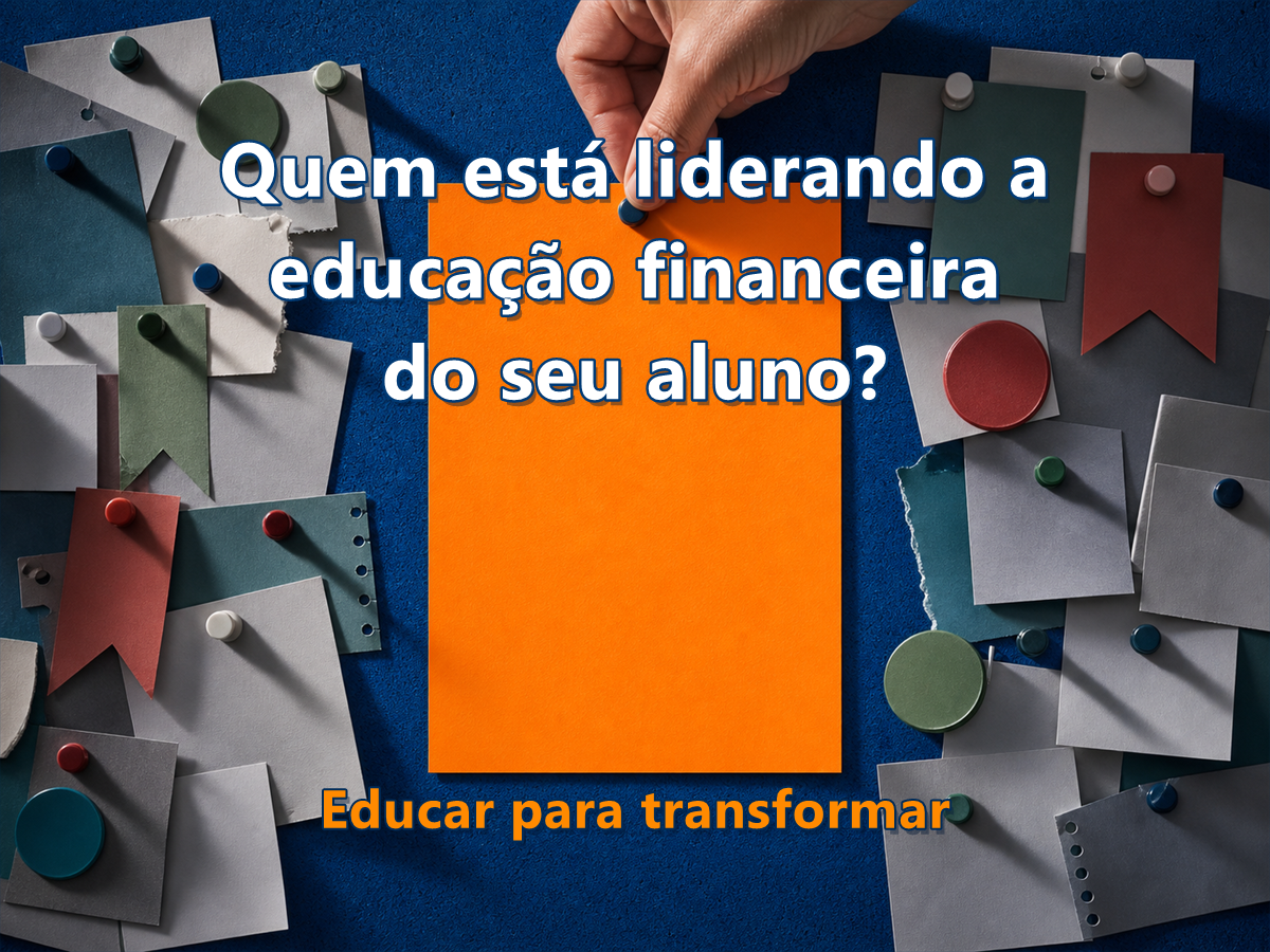 Capa editorial sobre educação financeira nas escolas com pergunta acentuada e folha laranja central.