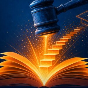 Livro aberto com escada luminosa e martelo simbolizando educação financeira nas escolas
