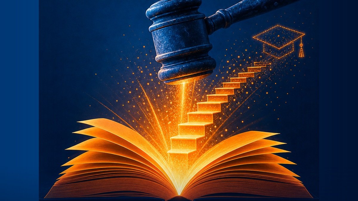 Livro aberto com escada luminosa e martelo simbolizando educação financeira nas escolas