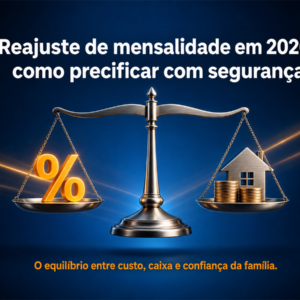 Balança equilibrada com símbolo de porcentagem, moedas e casa, representando reajuste de mensalidade e orçamento familiar.