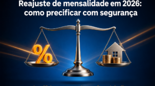 Balança equilibrada com símbolo de porcentagem, moedas e casa, representando reajuste de mensalidade e orçamento familiar.