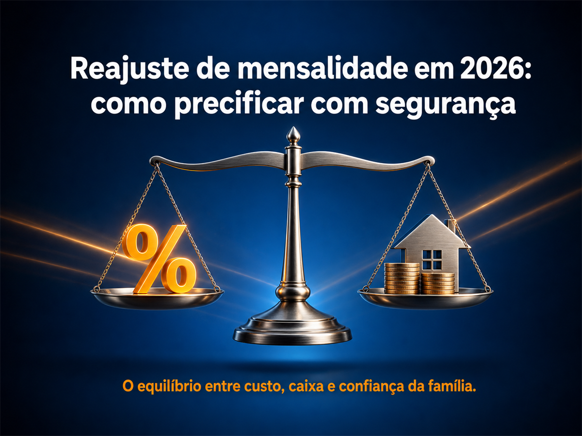 Balança equilibrada com símbolo de porcentagem, moedas e casa, representando reajuste de mensalidade e orçamento familiar.