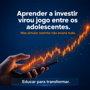 Mão de adolescente segurando um smartphone com gráfico holográfico de investimentos e chamada sobre simuladores entre adolescentes.