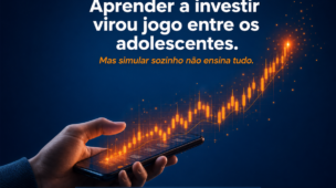 Mão de adolescente segurando um smartphone com gráfico holográfico de investimentos e chamada sobre simuladores entre adolescentes.