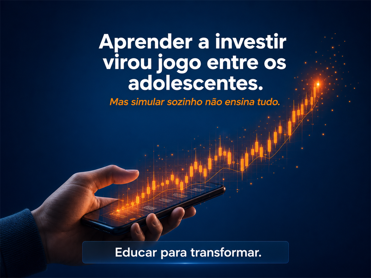 Mão de adolescente segurando um smartphone com gráfico holográfico de investimentos e chamada sobre simuladores entre adolescentes.