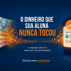 Cédulas brasileiras se transformando em partículas digitais rumo a um celular com notificação de Pix, com chamada sobre educação financeira escolar.