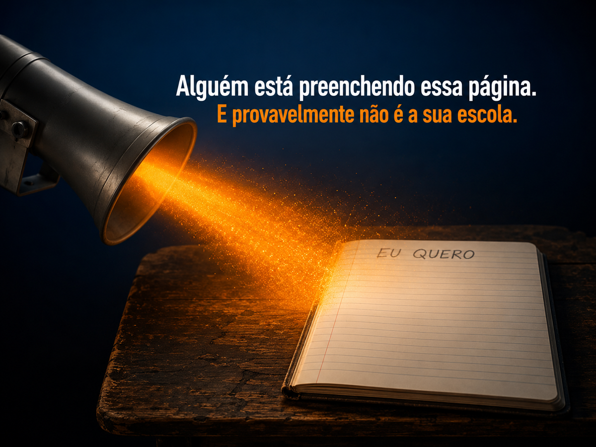 Megafone metálico despejando um facho de luz e partículas laranja sobre a página em branco de um caderno escolar aberto onde está escrito à mão 'EU QUERO'.