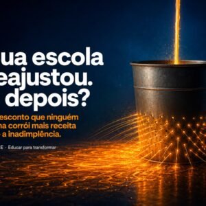 Balde de metal furado perdendo luz laranja pelos furos enquanto recebe um fio de luz por cima; texto: Sua escola reajustou. E depois?