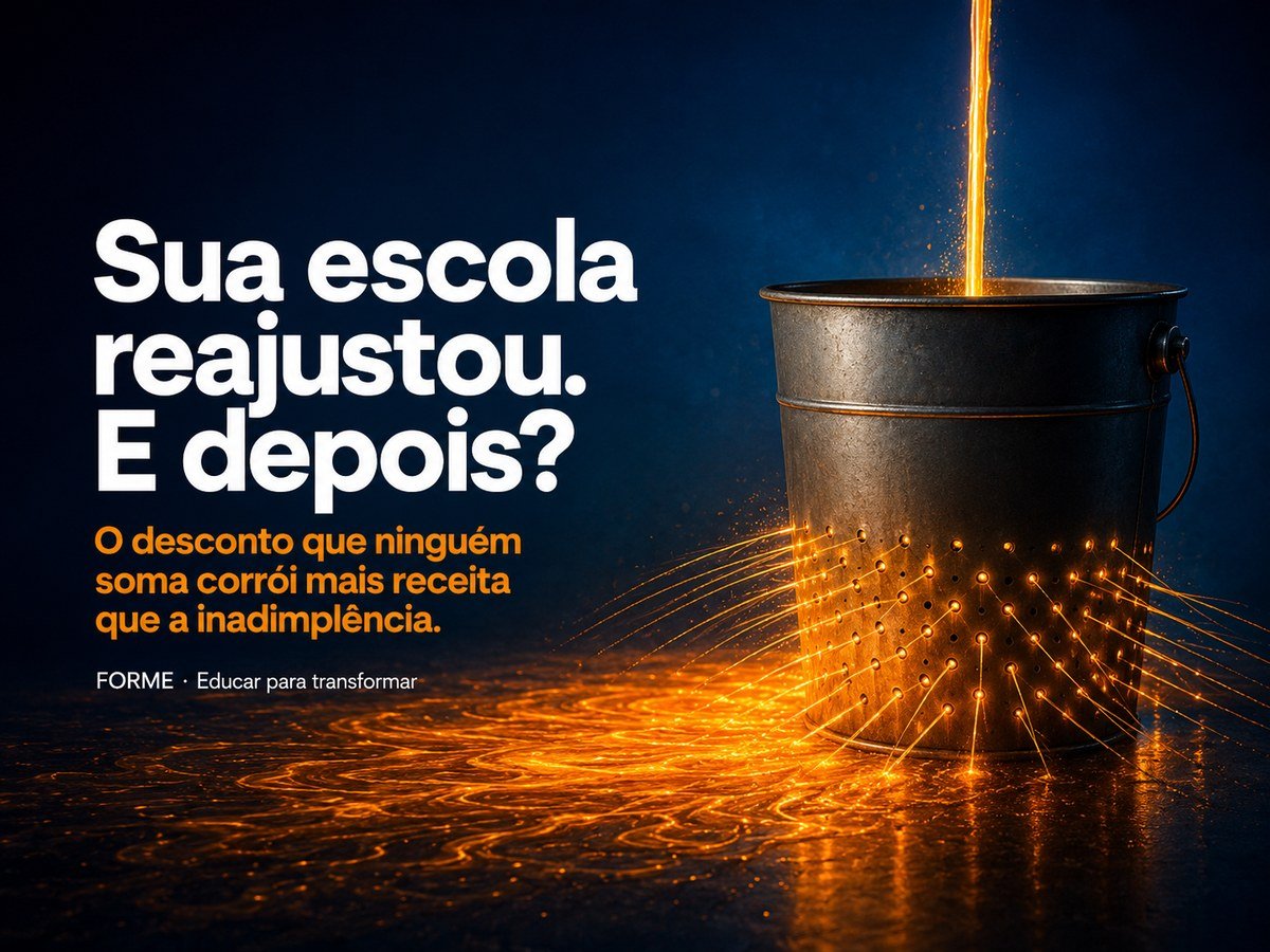 Balde de metal furado perdendo luz laranja pelos furos enquanto recebe um fio de luz por cima; texto: Sua escola reajustou. E depois?