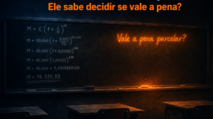 Lousa escura de sala de aula: cálculo de juro composto resolvido em giz branco à esquerda e a pergunta 'Vale a pena parcelar?' em laranja luminoso à direita.