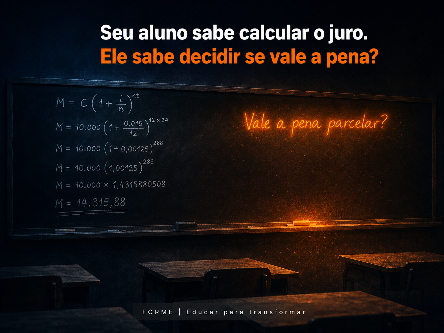Lousa escura de sala de aula: cálculo de juro composto resolvido em giz branco à esquerda e a pergunta 'Vale a pena parcelar?' em laranja luminoso à direita.