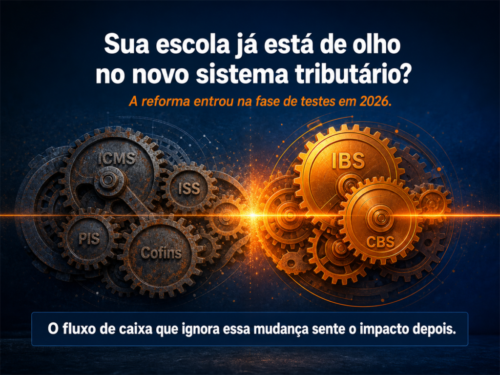 Engrenagens antigas e novas representam a transição tributária e o impacto no fluxo de caixa escolar