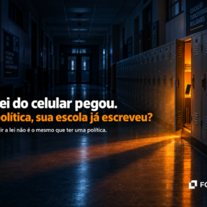 Corredor escolar escuro com armários fechados e um único armário aberto emitindo luz laranja, simbolizando a Lei 15.100/2025 sobre uso de celular nas escolas