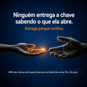 Uma mão jovem entrega uma chave laranja luminosa para uma mão adulta que surge da escuridão; texto: Ninguém entrega a chave sabendo o que ela abre.