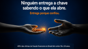 Uma mão jovem entrega uma chave laranja luminosa para uma mão adulta que surge da escuridão; texto: Ninguém entrega a chave sabendo o que ela abre.