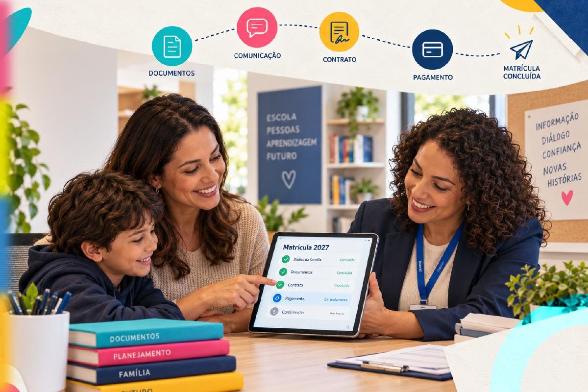Família acompanha as etapas da matrícula 2027 em um tablet ao lado da secretaria escolar