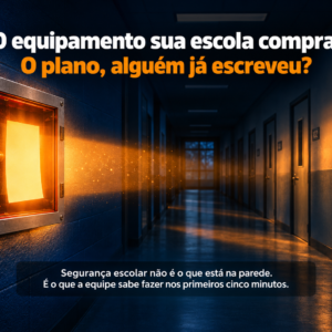 Corredor escolar escuro com uma caixa de vidro de emergência na parede; dentro dela, no lugar de um martelo, uma folha de papel em branco brilhando em laranja. Texto: O equipamento sua escola compra. O plano, alguém já escreveu?