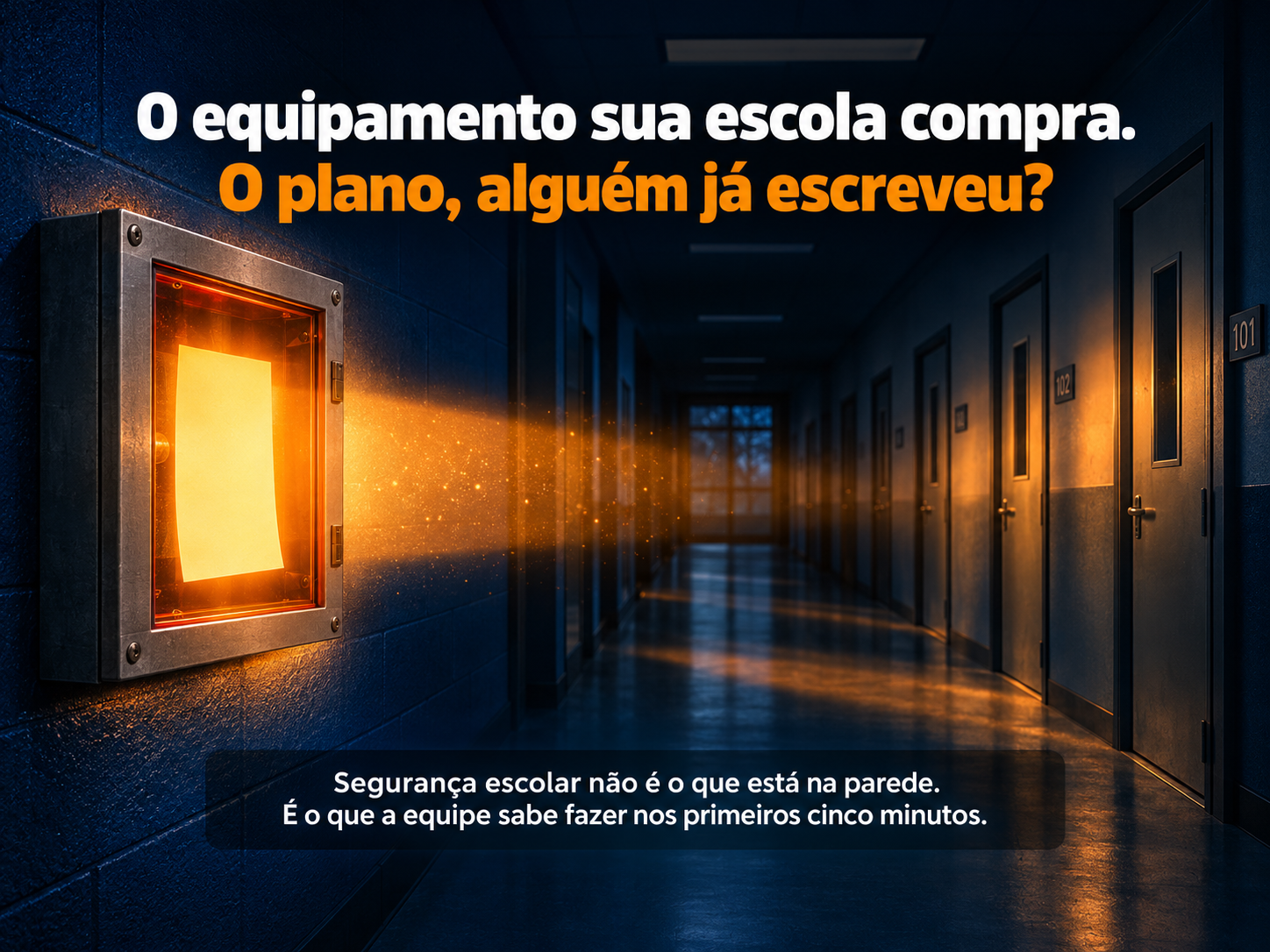 Corredor escolar escuro com uma caixa de vidro de emergência na parede; dentro dela, no lugar de um martelo, uma folha de papel em branco brilhando em laranja. Texto: O equipamento sua escola compra. O plano, alguém já escreveu?