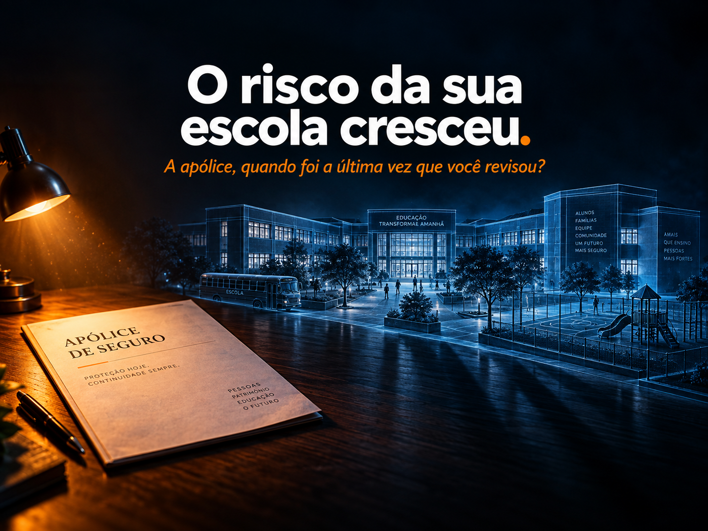 Apolice de seguro iluminada diante de uma escola, com a frase O risco da sua escola cresceu.