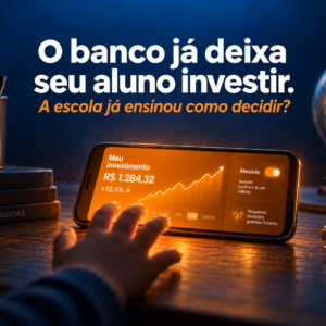 Mao de uma crianca alcancando um aplicativo bancario com grafico de investimentos