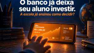 Mao de uma crianca alcancando um aplicativo bancario com grafico de investimentos