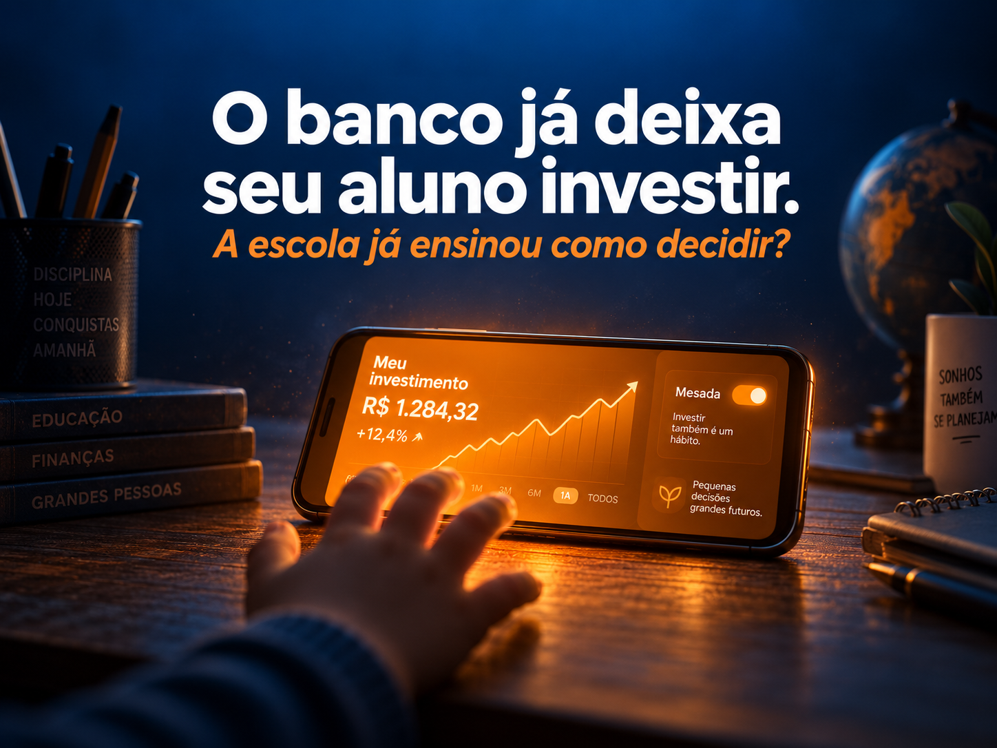 Mao de uma crianca alcancando um aplicativo bancario com grafico de investimentos