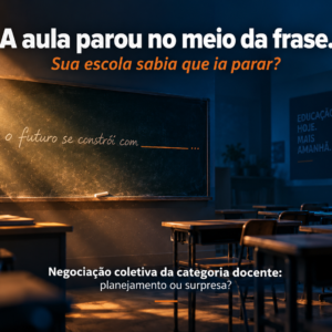 Sala de aula vazia com lousa e chamada sobre negociacao coletiva da categoria docente