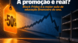 Etiqueta -50% pendurada em loja escura, com sombra formando um gráfico de preço que sobe antes de cair