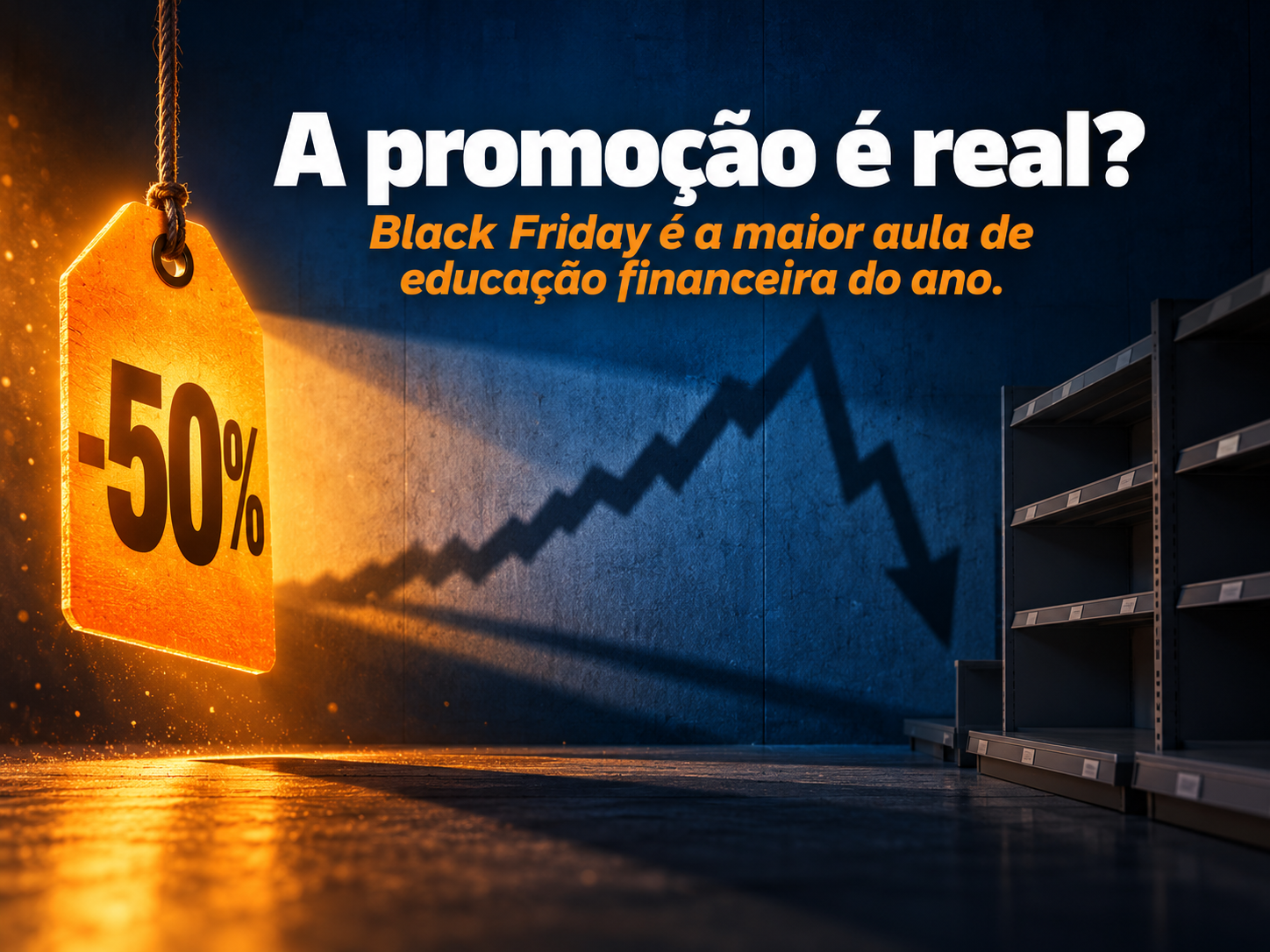 Etiqueta -50% pendurada em loja escura, com sombra formando um gráfico de preço que sobe antes de cair
