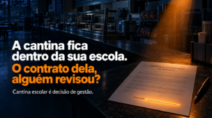 Contrato de prestação de serviços da cantina escolar com a linha de assinatura em branco iluminada em um balcão de cantina vazio à noite