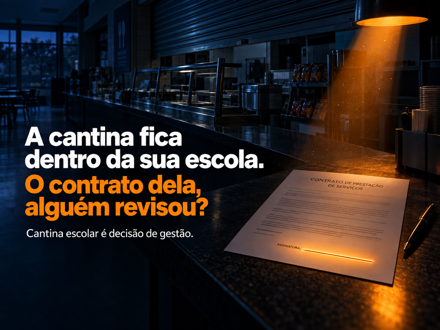 Contrato de prestação de serviços da cantina escolar com a linha de assinatura em branco iluminada em um balcão de cantina vazio à noite