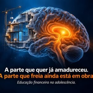 Cérebro adolescente com a região da recompensa brilhando em laranja e o córtex pré-frontal como uma obra em construção