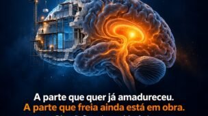 Cérebro adolescente com a região da recompensa brilhando em laranja e o córtex pré-frontal como uma obra em construção
