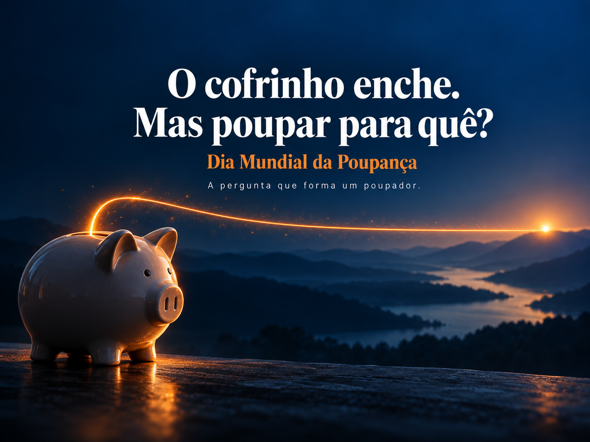Cofrinho de cerâmica com um fio de luz laranja que chega a um ponto luminoso no horizonte, com o texto O cofrinho enche. Mas poupar para quê?