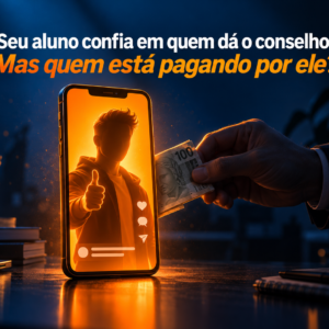 Smartphone com influenciador em tela laranja e mão anônima passando uma nota, ilustrando conselho financeiro patrocinado