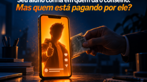 Smartphone com influenciador em tela laranja e mão anônima passando uma nota, ilustrando conselho financeiro patrocinado