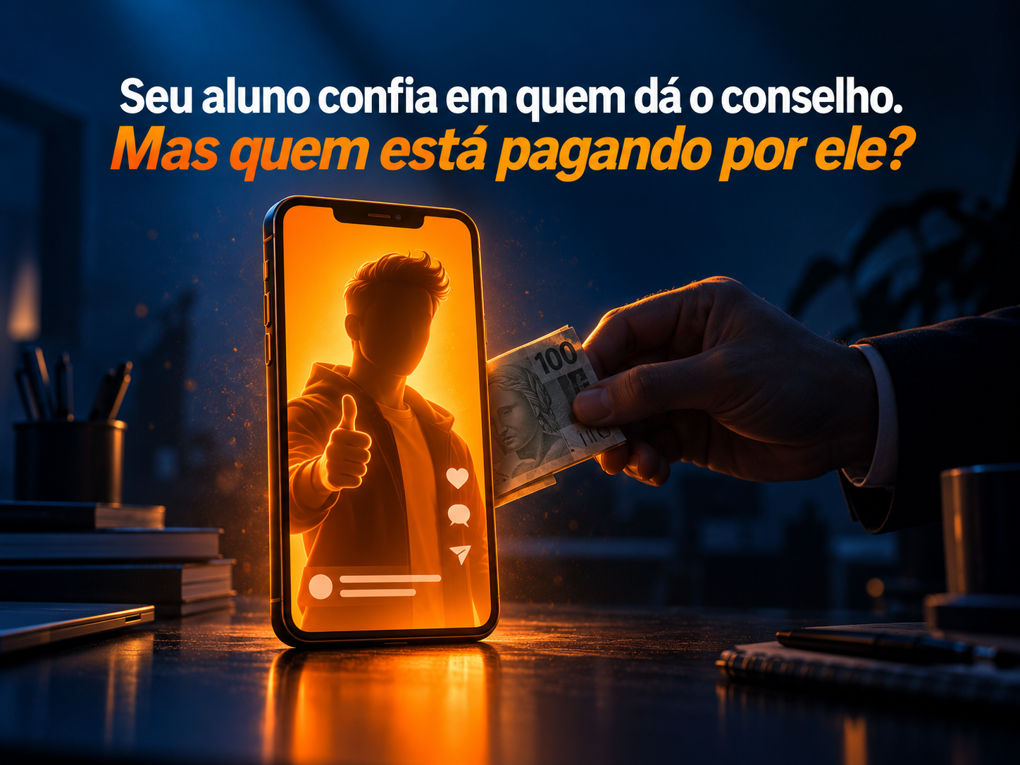 Smartphone com influenciador em tela laranja e mão anônima passando uma nota, ilustrando conselho financeiro patrocinado