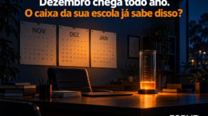 Escritório de direção escolar à noite com calendários de novembro, dezembro e janeiro e um reservatório de líquido laranja em nível baixo