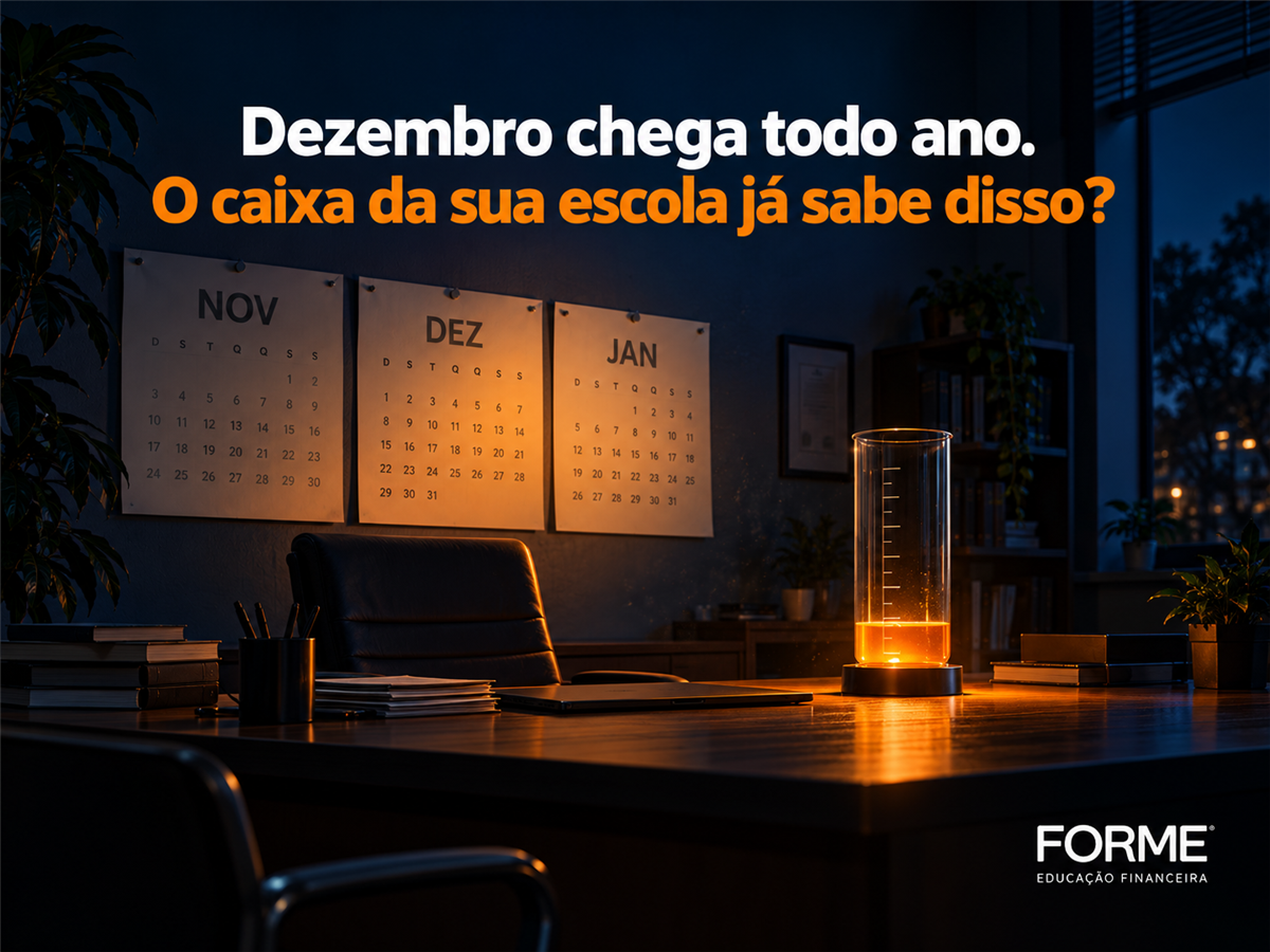 Escritório de direção escolar à noite com calendários de novembro, dezembro e janeiro e um reservatório de líquido laranja em nível baixo