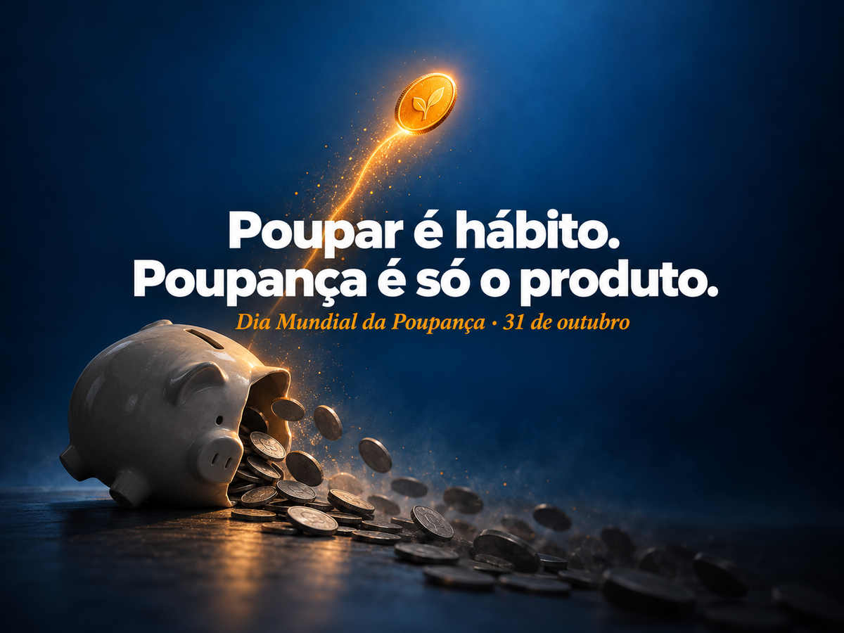 Porquinho de cerâmica tombado com moedas caindo, e uma moeda laranja brilhante subindo. Poupar é hábito. Poupança é só o produto.