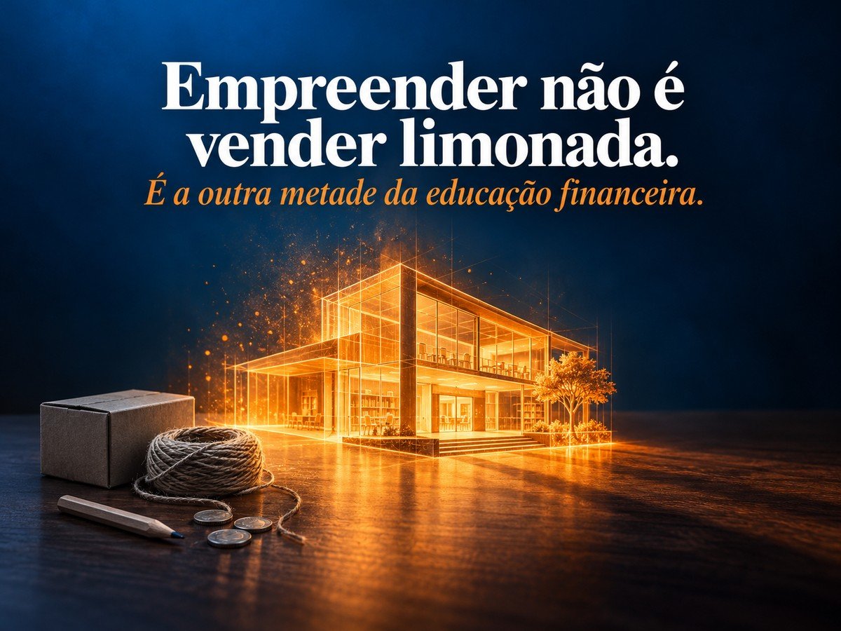 Materiais simples se transformando em uma estrutura luminosa, com o título Empreender não é vender limonada