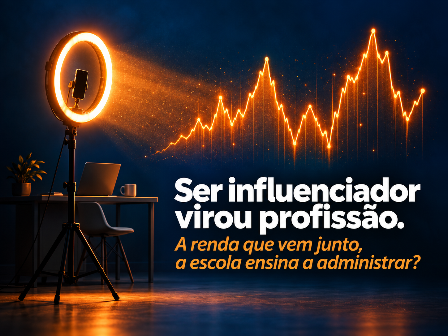 Anel de luz de um estúdio de criador de conteúdo com um gráfico de renda oscilante em laranja