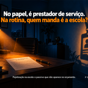Contrato de prestação de serviços sobre uma mesa projetando a sombra de um crachá de funcionário
