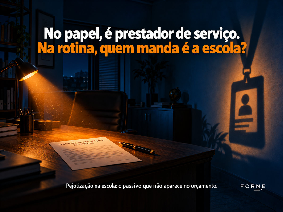 Contrato de prestação de serviços sobre uma mesa projetando a sombra de um crachá de funcionário