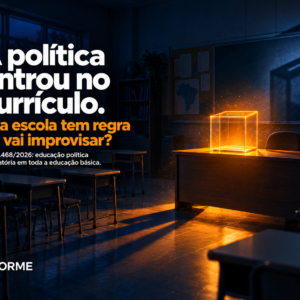 Urna de vidro iluminada em laranja sobre a mesa do professor em sala de aula vazia à noite