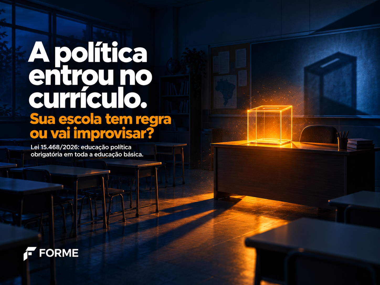 Urna de vidro iluminada em laranja sobre a mesa do professor em sala de aula vazia à noite