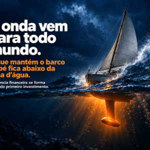 Veleiro enfrentando uma onda à noite, com a quilha brilhando em laranja abaixo da linha d'água