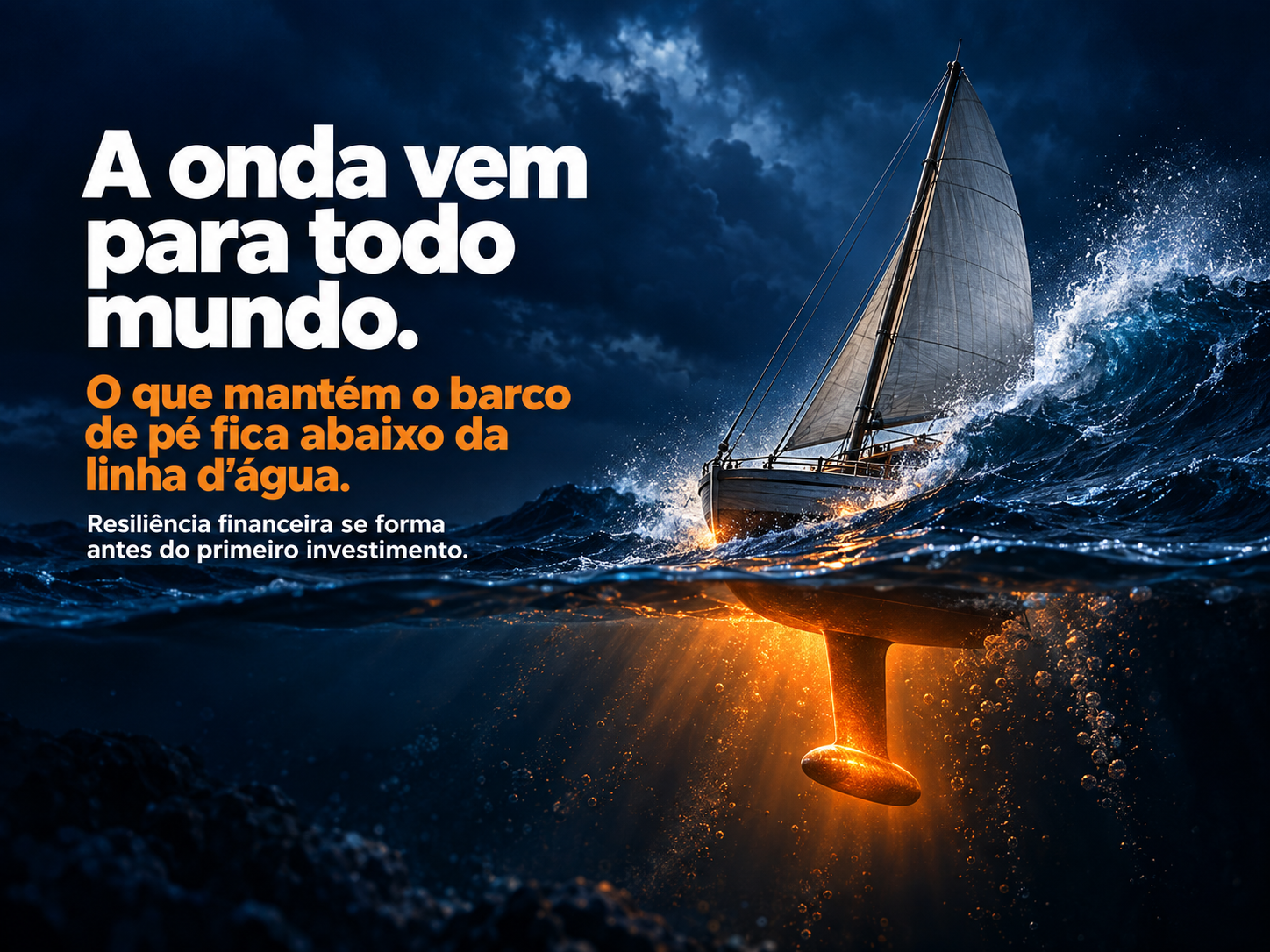 Veleiro enfrentando uma onda à noite, com a quilha brilhando em laranja abaixo da linha d'água